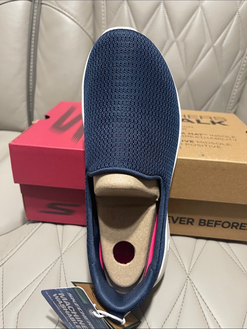 Skechers Navy Slip-On Memory Foam Walking Sneakers with White Sole - Picture 5 of 11